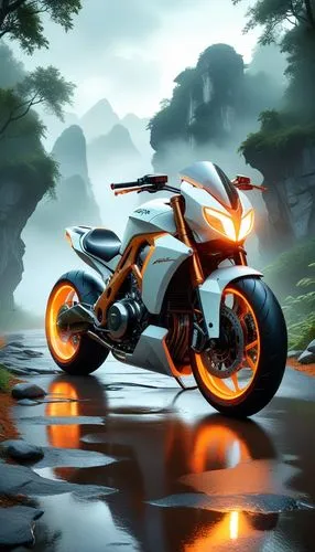 This image depicts a futuristic motorcycle with a striking design. The bike features a sleek body with a white and orange color scheme, and its wheels are illuminated with a bright orange glow. The se