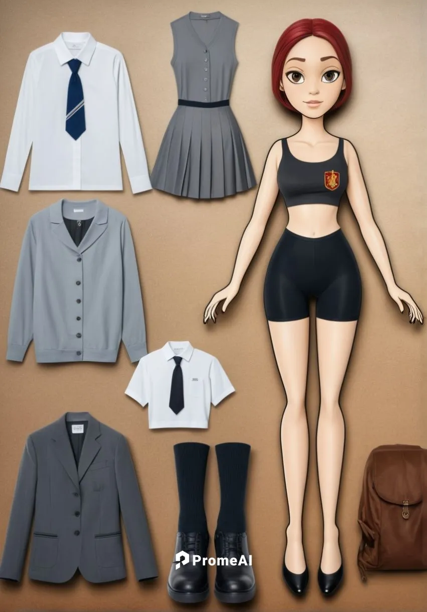 Paper doll Hogwarts 16 year old schoolgirl in black sleeveless shirt ,black tight fit spandex shorts with black sock and black shoe standing surrounded by with a set of Hogwarts Gryffindor school unif