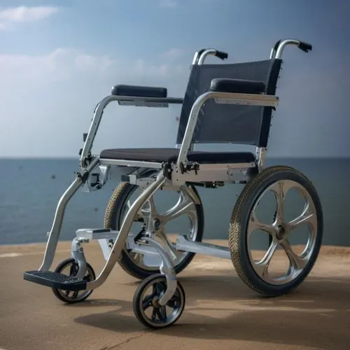 a chrome wheelchair is next to the beach,wheelchairs,wheel chair,floating wheelchair,wheelchair,pushchair,trikke,Photography,General,Realistic