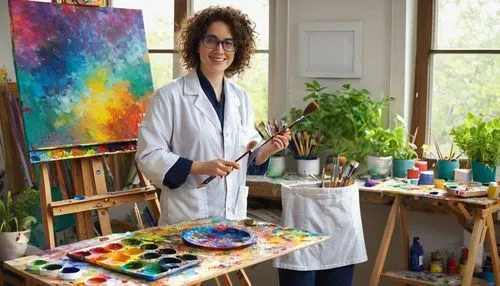 Dr. Worm, artistic, worm scientist, white lab coat, goggles on forehead, curly brown hair, bushy eyebrows, holding a paintbrush, palette in hand, standing in front of an easel, colorful abstract artwo