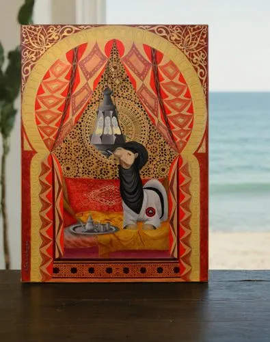 the painting hangs on the wall,retablos,rem in arabian nights,tansu,retablo,majnun,sand clock,oriental lantern,gold foil mermaid,greeting card,gold foil art,tea box,greeting cards,thangka,thangkas,gra