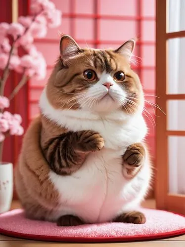 Red Pusheen, chubby cat, cute face, bright red fur, sparkly eyes, pink nose, fluffy ears, sitting, paws together, Japanese-style room, tatami mat, shoji screen, sliding door, traditional lantern, warm