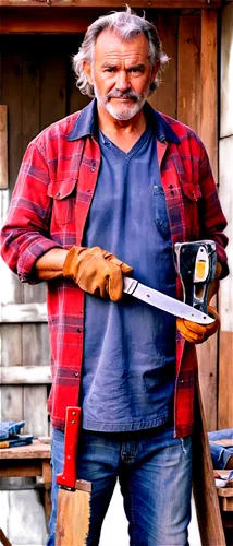 Hacksaw, old man, rugged face, bushy white eyebrows, grey hair, worn leather gloves, plaid shirt, ripped jeans, rusty hacksaw, wooden handle, sharp blade, morning light, 3/4 composition, shallow depth