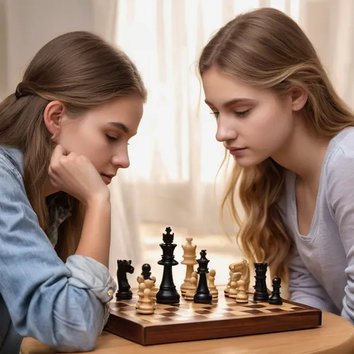 America teen girl and her friend playing chess,chess game,play chess,chess,chess player,chessboards,vertical chess,chess men,chess board,chess cube,chess icons,chessboard,chess pieces,two girls,young 