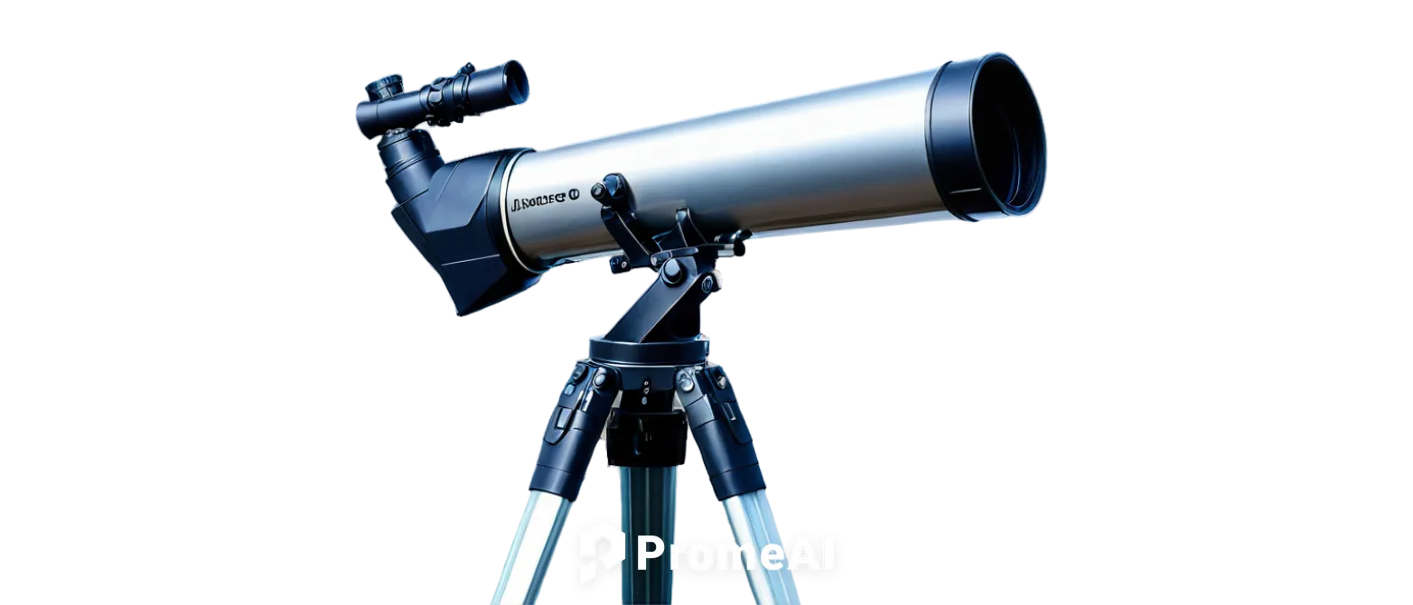 Telescope, astronomical instrument, metal body, silver finish, detailed knobs, lenses, tripod stand, night sky background, stars shining, moon glowing, celestial objects in viewfinder, low-angle shot,