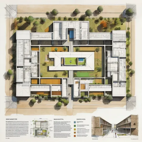 Architecture Sketch of concept for street children rehabilitation center in a rectangle site in which we have 6 blocks which are - admin block, education block, vocational training block, medical bloc