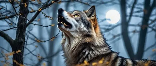 Gray wolf, majestic, furry, sharp claws, yellow eyes, flowing mane, howling, moonlight, misty forest, tree branches, foggy atmosphere, cinematic composition, low-angle shot, dramatic lighting, mysteri