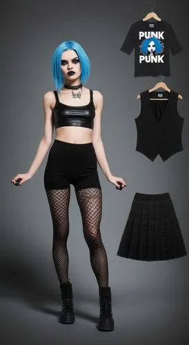 Paper doll 2d cartoon punk blue haired girl in black sleeveless shirt , black spandex shorts, complete full length fishnet and black punk knee Boots, standing surrounded by with a set of punk fashion 