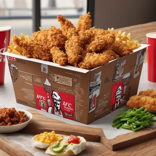 Write a poem about the mouth-watering aroma of a KFC Big Box, filling a cozy family dinner.,chinese takeout container,chinese food box,chicken fries,fried chicken fingers,bk chicken nuggets,chicken st