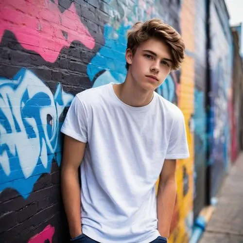 Young Keath Morrison, 18yo, handsome boy, short messy brown hair, bright blue eyes, sharp jawline, slight smile, casual wear, white T-shirt, ripped denim jeans, black sneakers, leaning against a wall,