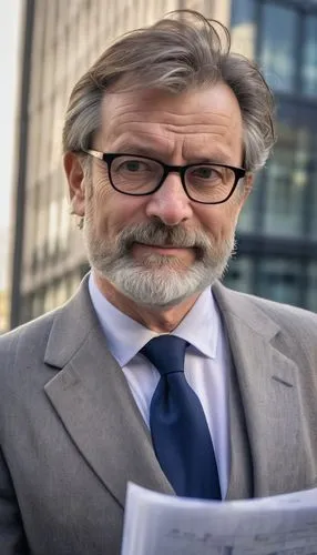 Middle-aged man, architect, designer, West Yorkshire, mature facial features, glasses, short brown hair, beard, white shirt, black tie, dark blue suit, holding a blueprint, standing in front of a mode