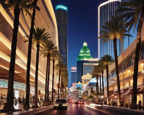 Luxurious architectural design, Las Vegas, grandiose skyscraper, futuristic curves, metallic materials, glass facade, neon lights, vibrant LED displays, busy city street, night scene, dramatic spotlig