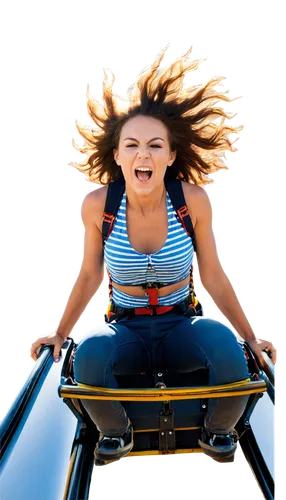 Thrilling roller coaster, steep drop, sharp turns, vibrant colors, shiny metallic tracks, safety harnesses, excited riders, screaming faces, open mouths, wind-blown hair, sun-kissed skin, dynamic moti