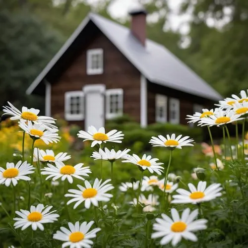 The image presents a cluster of daisy-like flowers with the focus on a single bloom in the foreground. These flowers feature bright white petals that radiate around a central, prominent golden-brown d