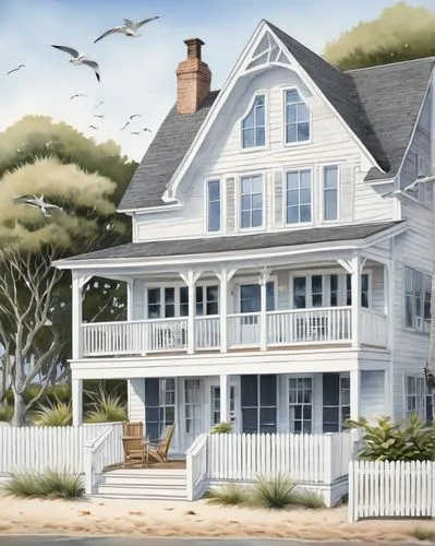 rodanthe,nantucket,new england style house,edgartown,sagaponack,beach house,quogue,white picket fence,deckhouse,mawes,dunes house,bridgehampton,amagansett,hamptons,seaside country,houses clipart,house painting,hyannisport,lbi,house by the water,Illustration,Japanese style,Japanese Style 10