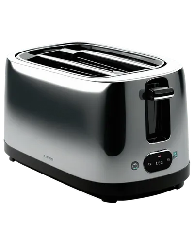 Toaster, kitchen appliance, stainless steel body, shiny surface, digital display, buttons on side, toast pop-up mechanism, cord storage at base, morning light, 3/4 composition, soft focus, warm color 