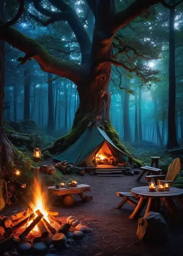 Mystical campfire scene, whimsical forest, twinkling starry night sky, ancient trees with glowing mushrooms, misty fog rolling in, warm firelight, crackling flames, wooden logs, fantastical creatures 