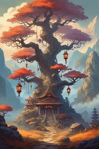 mushroom landscape,mushroom island,yggdrasil,tree mushroom,fantasy landscape,tangerine tree,bonsai,magic tree,dragon tree,the japanese tree,hanging temple,flourishing tree,fairy chimney,bird kingdom,treehouses,isolated tree,arbor,okami,fairy village,tree house,Unique,Pixel,Pixel 05