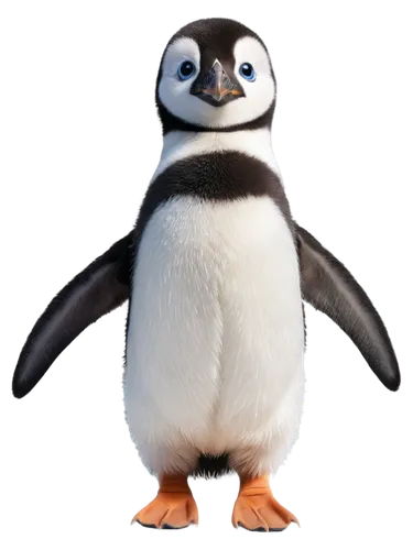 Adorable penguin, standing upright, flippers held close, tuxedo-like feathers, bright curious eyes, beak slightly open, snow-white belly, black back, waddling gait, icy blue background, softbox lighti