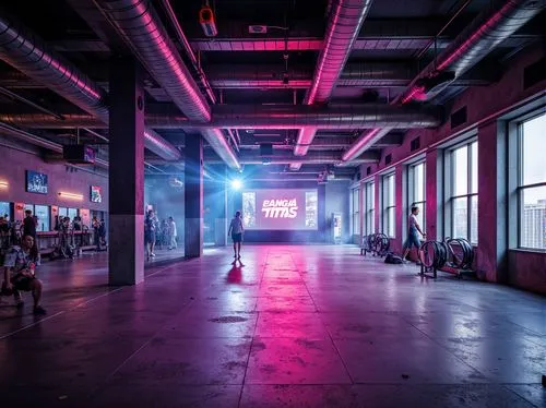 factory hall,neon light,neon lights,printworks,industrial hall,neon arrows,neon sign,cybercity,warehouse,neon ghosts,neon,illuminated advertising,neons,cyberscene,empty hall,cyberpunk,neon human resources,nightclub,cyberport,neon coffee