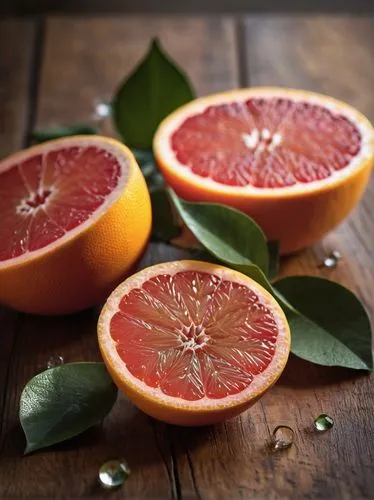 Grapefruit, still life, wooden table, morning sunlight, soft focus, shallow depth of field, warm color tone, citrus fruits, green leaves, dew drops, delicate petals, gentle composition, 3/4 view, slig