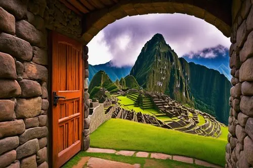 machu picchu,machu pichu,machupicchu,picchu,machu,doorways,incas,incan,virtual landscape,3d background,doorway,3d fantasy,ollantaytambo,world digital painting,cartoon video game background,urubamba,inca,cuzco,stone of peru,fantasy picture,Illustration,Paper based,Paper Based 22