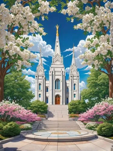 Mormon temple, grand, white granite, intricate carvings, six-spire design, stained glass windows, ornate doors, steps leading up, lush greenery, flowers, trees, Salt Lake City, Utah, sunny day, blue s