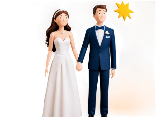 Bride, groom, stick figures, white wedding dress, suit, bow tie, happy facial expression, holding hands, standing, romantic, warm lighting, soft focus, shallow depth of field, 3/4 composition, gentle 