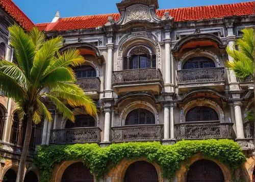 Filipino Spanish architecture, Intramuros, Manila, grandiose, Baroque style, ornate stone carvings, vibrant colorful tiles, arched windows, balconies with intricate metalwork, red-tiled roofs, bell to