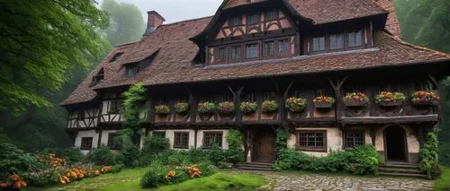 Old, traditional 19th century German architecture, half-timbered house, steeply pitched roof, ornate wooden door, iron door knocker, flower-filled window boxes, intricate stone carvings, grandeur entr