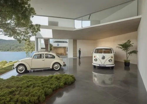 A volkswagen exhibition showing bocho and a combi in a luxurious place with a big ventanal at the front,smart house,microcars,interior modern design,citroen 2cv,volkswagen beetle,seidler,microcar,aman