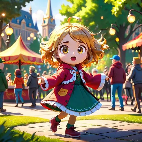 take random fast food, humanize it, maki it dancing in park,southpark style,meteora,little girl in wind,acerola,flying girl,oktoberfest background,little red riding hood,fairy tale character,kids illu