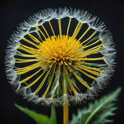 The image features a close-up view of a vibrant yellow dandelion flower against a dark, blurred background. The dandelion is in full bloom, with numerous slender, bright yellow petals radiating outwar