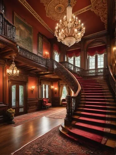 driehaus,peles castle,staircase,ornate room,entrance hall,royal interior,victorian room,upstairs,outside staircase,foyer,mansion,hallway,ballroom,greystone,trianon,victorian,opulently,old victorian,palatial,rosmersholm,Art,Classical Oil Painting,Classical Oil Painting 24