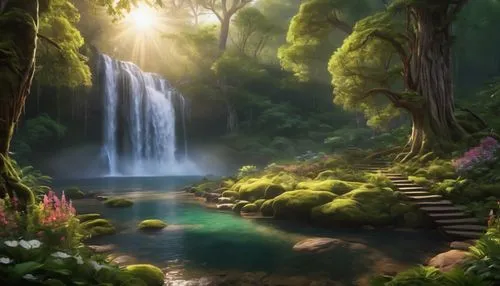 green waterfall,fairy forest,fantasy landscape,nature wallpaper,rivendell,elven forest,nature background,fairy world,tropical forest,rainforests,fairyland,cartoon video game background,fairytale forest,enchanted forest,fantasy picture,garden of eden,rainforest,green forest,full hd wallpaper,rain forest