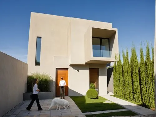 CASA ESTILO MINIMALISTA UBICADA EN UN FRACCIONAMIENTO CON VEGETACIÓN EXUBERANTE, PERSONAS,ARBOLES, PALMERAS, CORRECCION DE ERRORES,a person walking in front of a house,corbu,modern house,dunes house,m