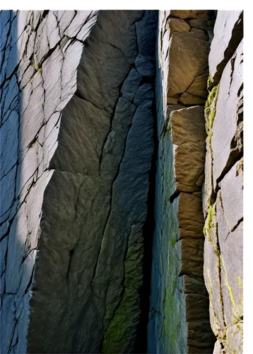 Deep crack, rugged rock surface, rough texture, dark shadows, narrow opening, stone wall, geological formation, 3/4 composition, low-angle shot, dramatic lighting, high contrast, cinematic mood, detai