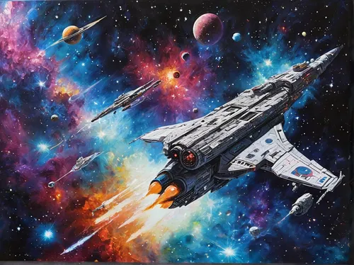 space art,space ships,millenium falcon,cg artwork,fast space cruiser,spaceships,uss voyager,x-wing,vulcan,oil painting on canvas,deep space,voyager,star ship,space voyage,nebula 3,victory ship,out space,starship,space station,star trek,Conceptual Art,Sci-Fi,Sci-Fi 30