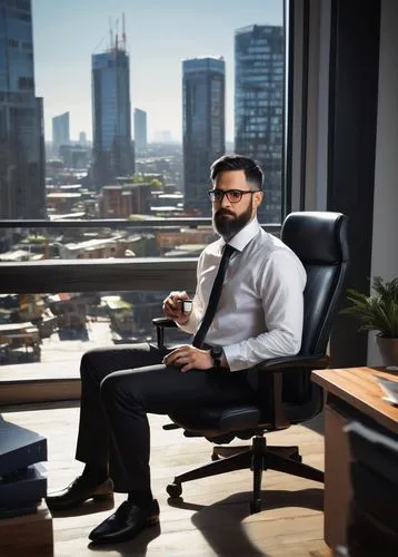 Businessman, mature, 35yo, wearing glasses, short black hair, beard, white dress shirt, black tie, black trousers, leather shoes, sitting, job interview, modern office, wooden desk, ergonomic chair, m