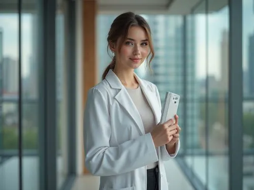 Modern designer, standing, hands holding a plasticrete material sample, elegant hairstyle, subtle makeup, white lab coat, black trousers, sleek shoes, confident facial expression, urban studio backgro