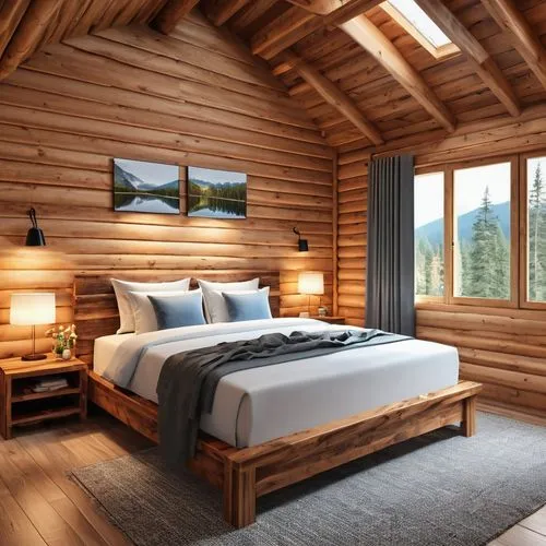 images of modern wood cabin,a large wooden bedroom with a bed in it,log cabin,log home,the cabin in the mountains,sleeping room,small cabin,wooden beams,Photography,General,Realistic