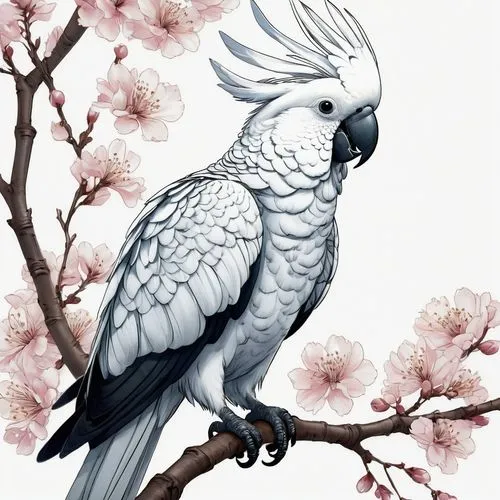 flower and bird illustration,chidori is the cherry blossoms,kagu,tsuru,rose-breasted cockatoo,spring bird,Illustration,Black and White,Black and White 08