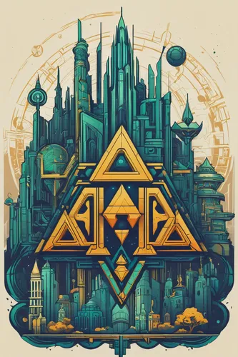 Create a futuristic Zelda logo with a modern cityscape background.,pyramids,transistor,rupees,ethereum icon,ethereum logo,yantra,temples,eth,ancient city,metropolis,euclid,hex,game illustration,masoni