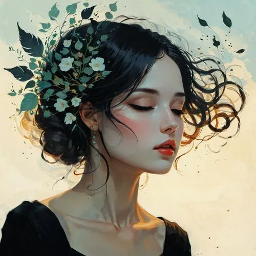 kommuna,fantasy portrait,persephone,falling flowers,jasmine blossom,mystical portrait of a girl,Illustration,Paper based,Paper Based 19