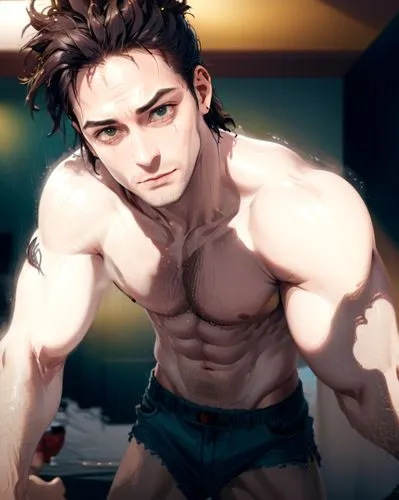 dreadlock,shirtless,SEBASTIÁN RULLI,sweaty, 2d look,a man with a shirt on stands in front of a mirror,iwa,baras,eren,male elf,edmond,shimoff,Anime,Anime,General