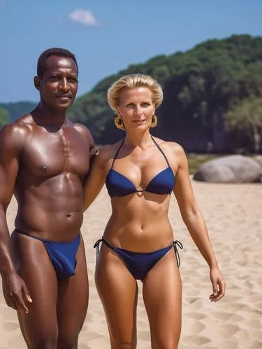 Outfit my honoured Prussian friend, Dame Colonel General Ficky-Louise von Manteuffel and husband, Jimmy from Africa, with a tight-fitting ladies' bikini.,a man and woman in swimwear posing on a beach,