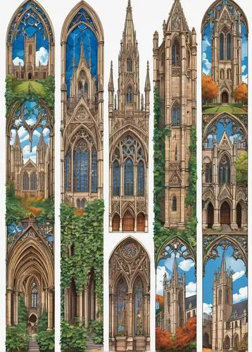 stained glass windows,cathedrals,buttresses,polyptych,expiatory,triforium,church windows,panoramas,steeples,buttressed,buttressing,neogothic,church towers,notredame,encasements,sagrada,spires,wooden windows,churches,castle windows,Unique,Design,Sticker