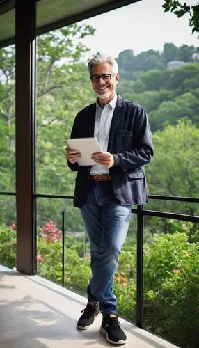 Dr. Dan's, middle-aged male, bespectacled, short grey hair, warm smile, standing, holding a tablet, wearing a white shirt, dark blue jeans, brown leather belt, black sneakers, villa, modern architectu