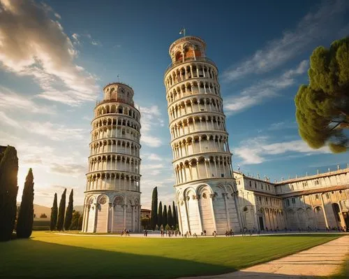 leaning Tower of Pisa, Italian Renaissance style, white marble exterior, intricate stone carvings, ornate arches, bell tower, asymmetrical structure, tilted foundation, lush green grass surrounding, s