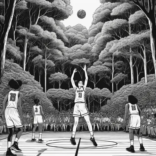 In a whimsical tale, the Saint Louis Billikens discover a magical basketball court hidden deep within a mystical forest, where they encounter enchanted opponents.,outdoor basketball,woman's basketball